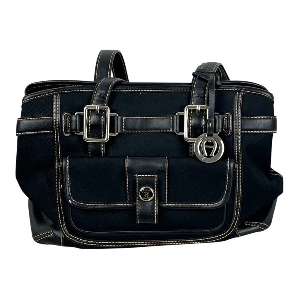 Vintage Etienne Aigner Black Canvas Handbag Shoulder Multi Compartments